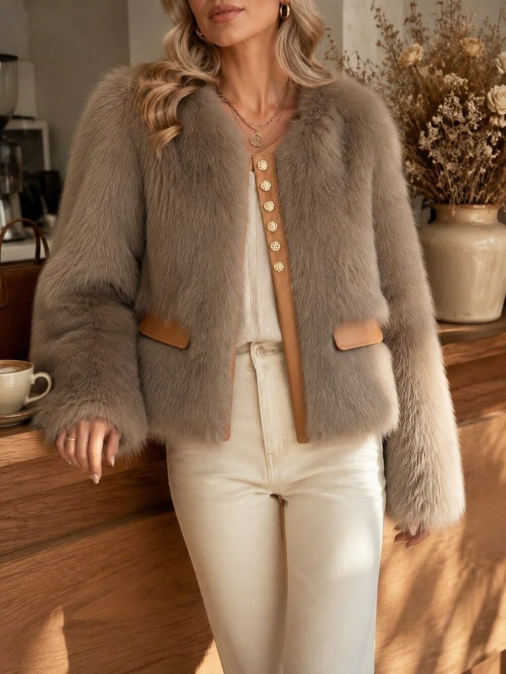 Cocoa Color Casual Women's Loose Fit Single Breasted Round Neck Short Jacket